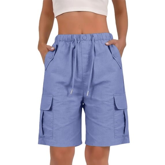 Outfmvch Cotton Linen Cargo Shorts Hiking Capris Carpenter Shorts Women Bermuda Shorts Hiking Short Joggers Women's Knee Length Relaxed Fit Multi-pockets & Pockets Summer High Waisted Blue 2XL