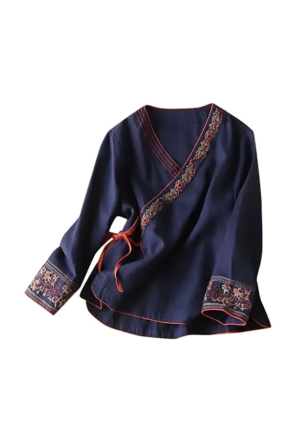 Cotton Linen Shirts Cotton Linen Short Sleeve Cotton Linen Tops for Women Crewneck Button Blouse Garden Pattern Comfy Blouses Retro Embroide Navy L