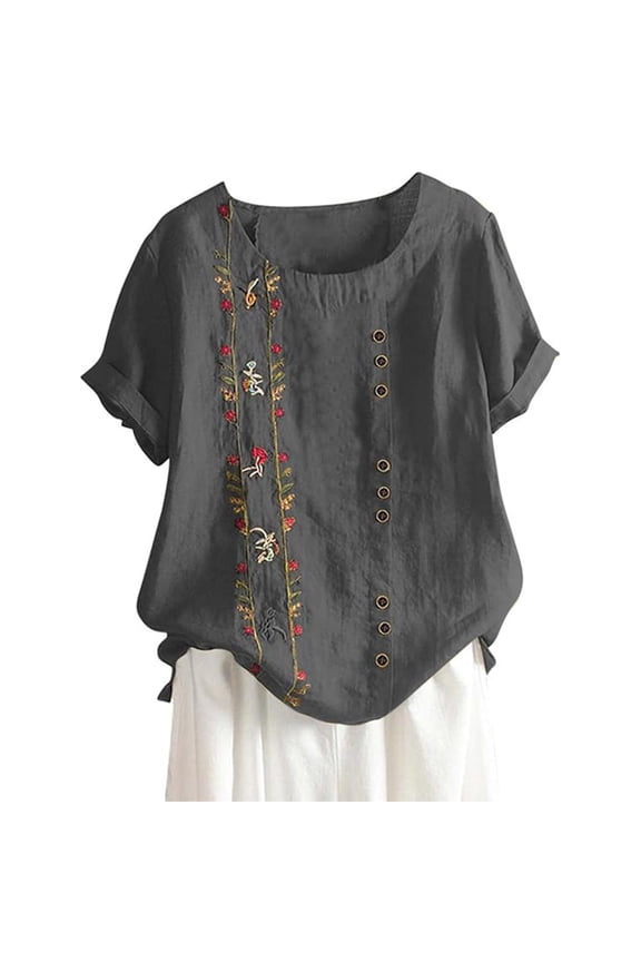 Cotton Linen Shirts Floral Print Linen Shirts Half Sleeve Casual Blouses Loose Gauze Tunics Cotton Linen Tunic Tops Boho Summer Graphic Tees Gray L