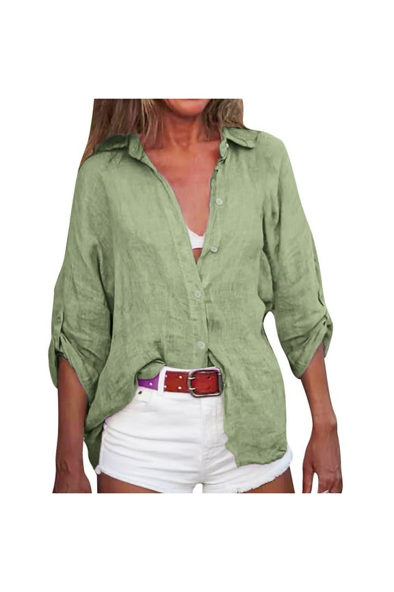 Cotton Linen Shirts Vintage Embroidered Blouse Tops 3/4 Sleeve Button Down Shirts Womens 3/4 Sleeve Tops Short Sleeve Blouses Gauze Shirts Green 2XL