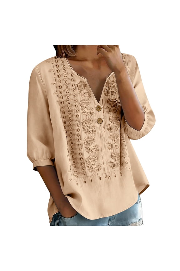Cotton Linen Shirts for Women Beach Vacation Clothes Peasant Gauze Blouse cotton tunic tops for women peasant blouses for women Henley Neck Shirts gauze shirt women Retro Embroidered Beige M