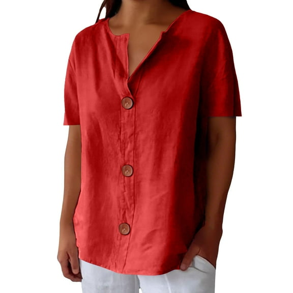 Outfmvch Cotton Linen Tops for Women Button Down Henley Tops Linen Shirts Tee Shirts 2026 Henley Shirts Cotton Linen Rolled Cuffed 3/4 Sleeve Button Down Cotton Shirts Women Red M
