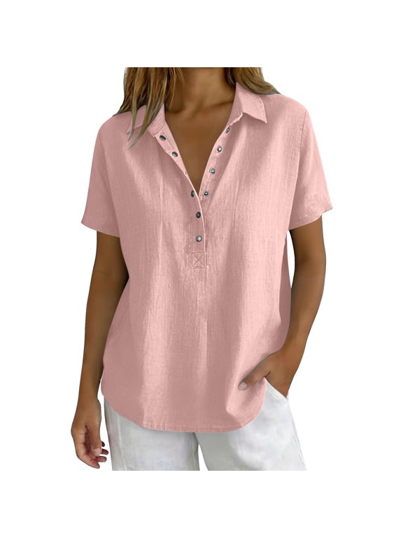 Cotton Linen Tops for Women Gauze Shirts for Women Trendy Tops Muslin Shirt Henley Neck Button Down Trendy Tee Shirts Basic T-shirts Women Summer Tops Purple S-4XL