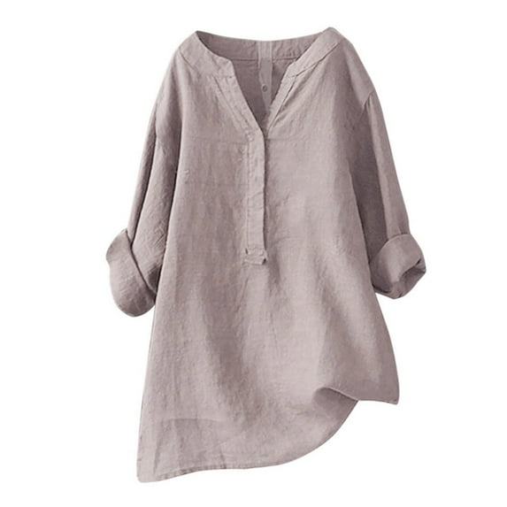 Outfmvch Cotton Tunic Tops for Women Cotton Linen Embroidered Tops Loose Fit Casual V-neck Tops Floral Embroidered Boho Tops Lapel Gauze Tops Loose Fit Tunic Khaki 4XL