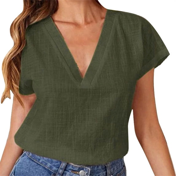 Outfmvch Cotton Tunic Tops for Women Loose Gauze Tunics Cotton Linen Short Sleeve Loose Fit Tunic Boho Peasant Blouse V Neck Casual V Neck Tops Outfits Green L