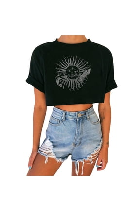 Crop Tops T Shirts for Women Sun and Moon print round neckline plunging vintage top T-shirt Shirts for Women Black XL