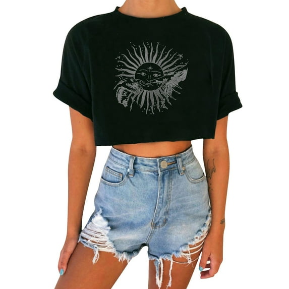 Outfmvch Crop Tops T Shirts for Women Sun and Moon print round neckline plunging vintage top T-shirt Shirts for Women Black XXL