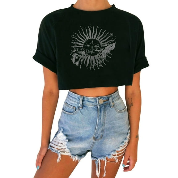Outfmvch Crop Tops T Shirts for Women Sun and Moon print round neckline plunging vintage top T-shirt Shirts for Women Black XXL