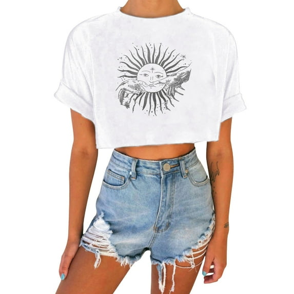 Outfmvch Crop Tops T Shirts for Women Sun and Moon print round neckline plunging vintage top T-shirt White Shirts for Women White L