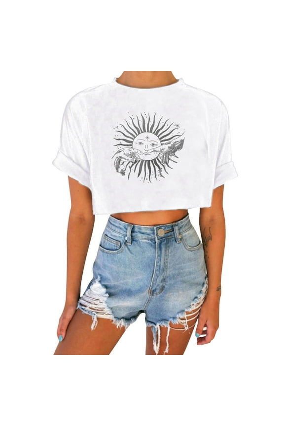 Crop Tops T Shirts for Women Sun and Moon print round neckline plunging vintage top T-shirt White Shirts for Women White L