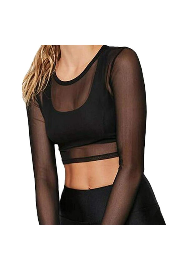 Crop Tops for Women Sheer Mesh Long Sleeve Crop Tee Womens Tops Crop Tops Black