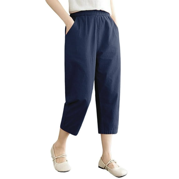 Outfmvch Cropped Linen Pants Women Cotton Linen Pants Boho Pants for Women 2026 Summer Beach Pant Outfits Capris Drawstring with Pockets Women High Waisted Wide Leg Women's Culottes Blue M-3XL