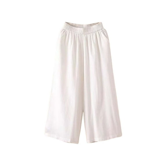 Outfmvch Cropped Linen Pants Women Cotton Linen Pants Pedal Pushers for Women Gauze Pants Straight Wide Leg Linen Palazzo Trousers Summer Outfits Cropped Lounge Trousers Palazzo Pants White M-4XL