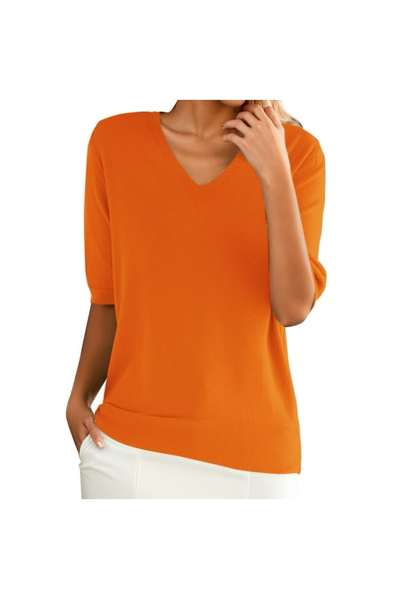 Elbow Length Tee Shirts for Women,Gradient Shirt,Tunic Tee,Round Neck Short Sleeved Loose T Shirt With A Knit Bottom Short Top,3/4 Sleeve Tunic Tops for Women,Top for Women Orange L