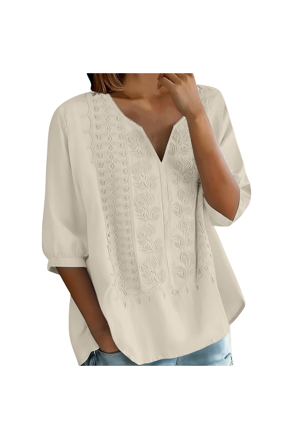 Embroidered Linen Shirts for Women Gauze Boho Tunic Tops peasant blouses linen tops Bohemian Tops linen tops for women tunic tops V Neck 3/4 Sleeve Length Loose Vacation Beach Beige L