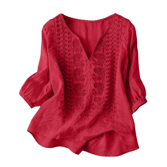 Outfmvch Embroidered Linen Shirts for Women linen button down shirt Mexican Embroidered Gauze Shirts Loose Fit Short Sleeve Gauze Boho Tunic Tops Peasant Gauze Blouse V Neck 3/4 Sleeve Length Red 2XL