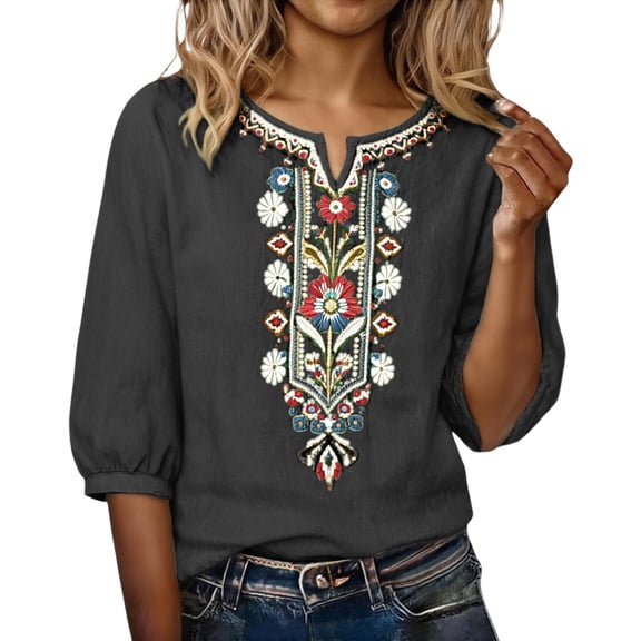 Outfmvch Embroidered Tops for Women Boho Tops Cotton Linen Shirts Bohemian Tops for Women Linen Tops for Women Gauze Blouses Traditional Mexican Shirts Tunics Tops V Neck Tunic Peasant Black XL