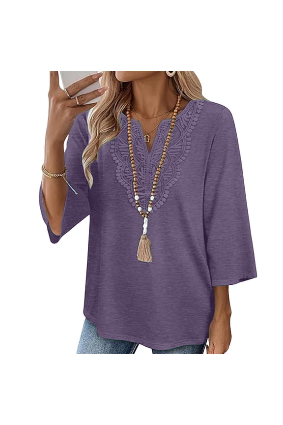 Embroidered Tops for Women Cotton Linen Shirts Floral Tunic Traditional Mexican Shirts Bohemian Tops for Women Boho Tops Short Sleeve T Shirt Mexican 3/4 Sleeve Boho Purple L