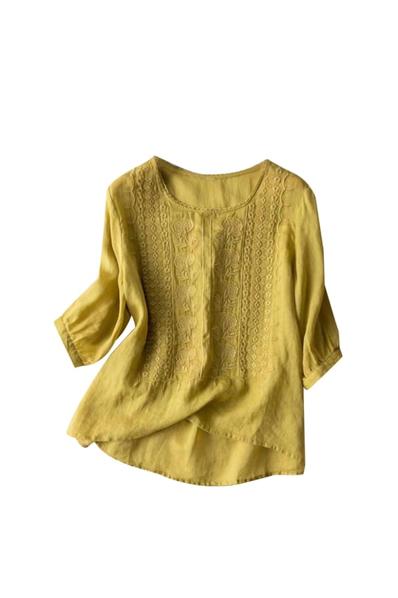 Embroidered Tops for Women Floral Embroidered Boho Tops Cotton Button Down Graphic Shirt Loose Fit Tunic Boho Summer Graphic Tees Roll Up Short Sleeve Yellow L