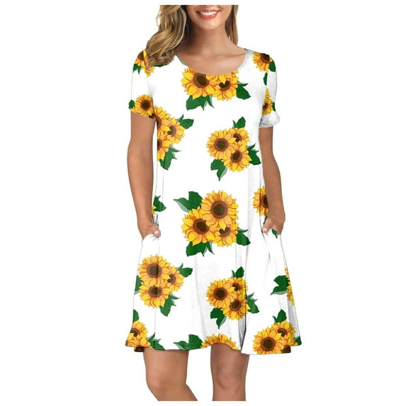 Outfmvch Fall Dresses Womens Dresses White Dress Women Summer Short Sleeve Sunflower Printed Pockets Sundress Casual Swing Dress Womens Dresses White L