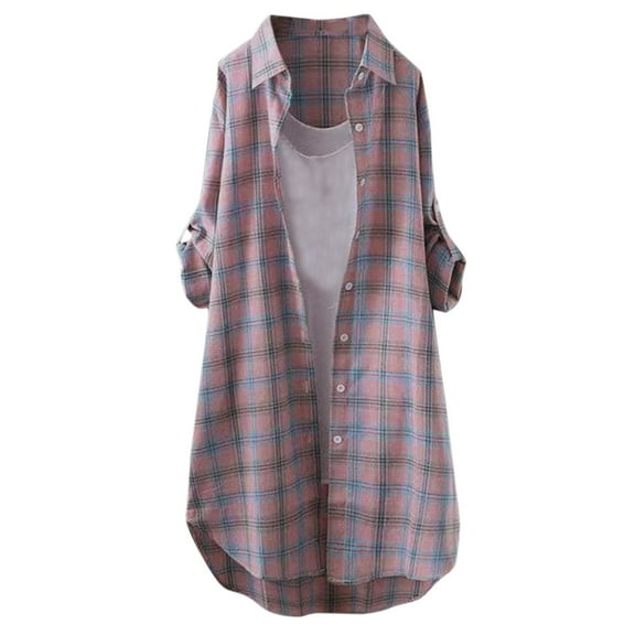 Outfmvch Flannel Dress for Women Plaid Button Down Shirts for Women Tunic Button Down Shirts for Women Oversized Button Down Shirts for Women Striped Long Sleeve Shirt Thin Jacket Z Pink 1 L
