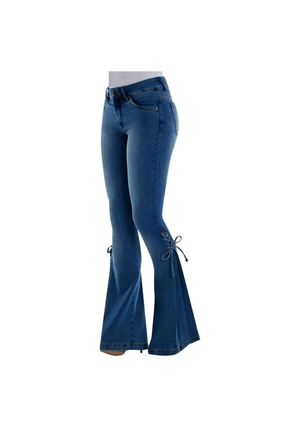 Flare Leggings Jeans For Women Women Summer Elastic Plus Loose Denim Bow Casual Boot Cut Pant Jeans Cargo Pants Women Dark Blue M
