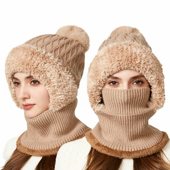 Outfmvch Fleece Lined Hat Women 3 in 1 Beanie Hat for Women, Womens Winter, Cold Knitted Hats Wind Resistant Hooded Scarf, Thick Plush-Lined Beanie Hats for Women Khaki 1 One Size