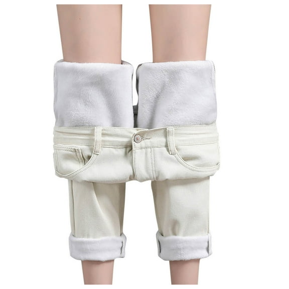 Outfmvch Fleece Lined Jeans Women Boot Cut Jeans for Woman High Waisted Jeans for Women Petite Jeans for Women Low Rise Jeans Womens Capri Jeans Boyfriend Jeans for Women Beige L