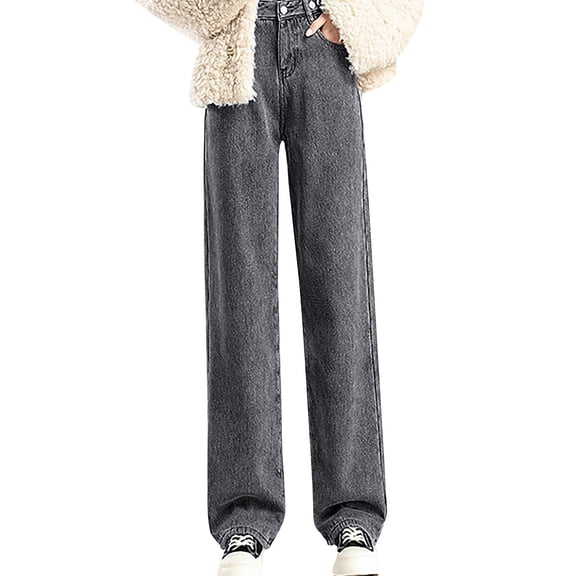 Outfmvch Fleece Lined Jeans Women Ripped Jeans Womens Baggy Jeans Women High Waisted Jeans for Women Straight Leg Womens Capri Jeans Womens Baggy Jeans Gray L