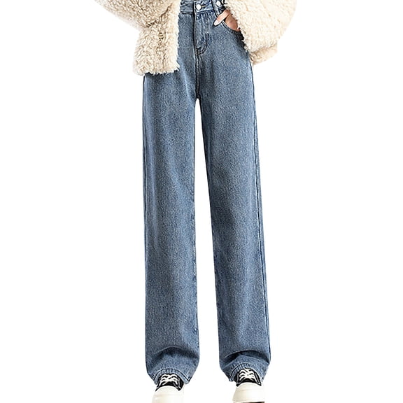 Outfmvch Fleece Lined Jeans Women Ripped Jeans Womens Baggy Jeans Women Womens Jeans High Waisted Jeans Baggy Petite Jeans for Women Elastic Waist Jeans for Women Sky Blue L