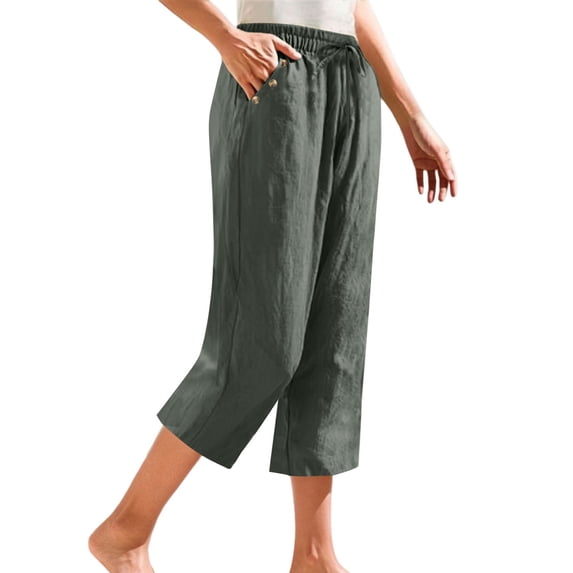 Outfmvch Flowy Pants Cotton Linen Pants Pull On Elastic Capris Drawstring with Pockets Straight Wide Leg Flowy Pants for Women Petite Women High Waisted Wide Leg Wide Leg Crop Pants Green 1 S-3XL