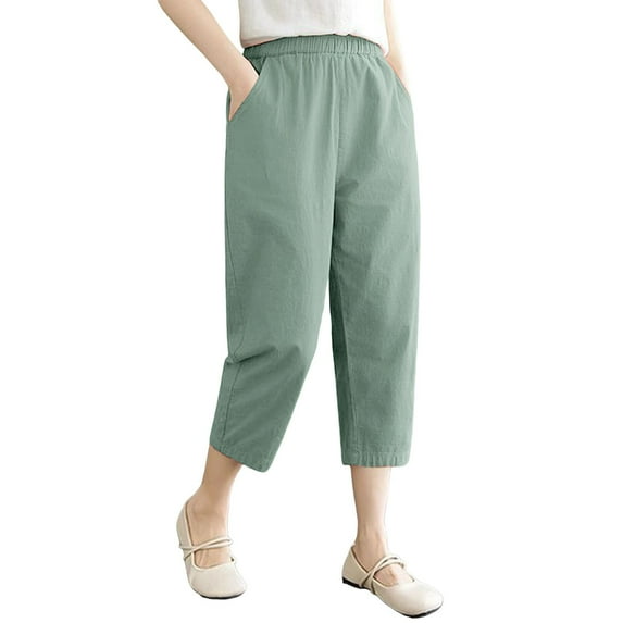 Outfmvch Flowy Pants Cropped Linen Pants Women Palazzo Pants with Pockets Linen Palazzo Trousers Flowy Pants for Women Petite Capris Drawstring with Pockets Palazzo Pants Beach Pant Gray M-3XL