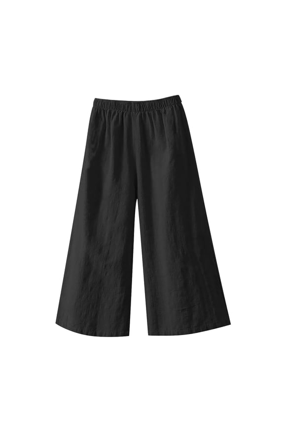 Flowy Pants Loose Flowy Pants Pull On Elastic Cotton Linen Pants Cropped Lounge Trousers Gauchos for Women Wide Leg Crop Pants Elastic Waist Cropped Trouser Paper Bag Pants Black M-4XL
