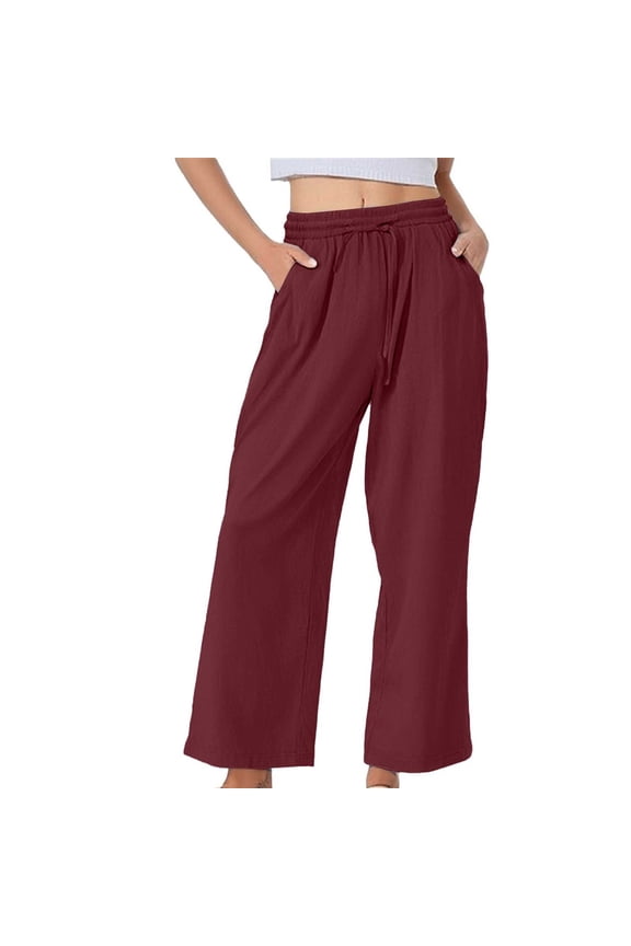 Flowy Pants Plus Size Casual Pants Lightweight Drawstring Pants Beach Vacation Dress Pants Beach Travel Linen Trousers High Waisted Pantalon Ancho Para Mujer Red 2 S