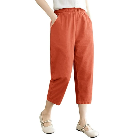 Outfmvch Flowy Pants Plus Size Elastic Waist Trousers Straight Wide Leg Straight Wide Leg Boho Pants for Women 2026 Paper Bag Pants Loose Flowy Pants Yoga Capris with Pockets Orange M-3XL