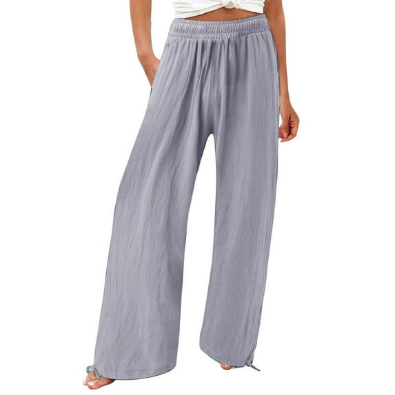 Outfmvch Flowy Pants for Women Flowy Drawstring High Waist Casual Drawstring Flowy Pants Pedal Pushers for Women Long Lounge Travel Pants Linen Pants Vacation Beach Trousers Gray S-3XL