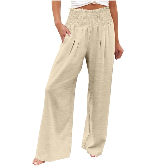 Outfmvch Flowy Pants for Women Long Lounge Travel Pants Wide Leg Linen Pants Cotton Baggy Boho Casual Gaucho Pant Casual Capri Baggy Wide Leg Flowy Cropped Linen Pants Women Beige S-2XL
