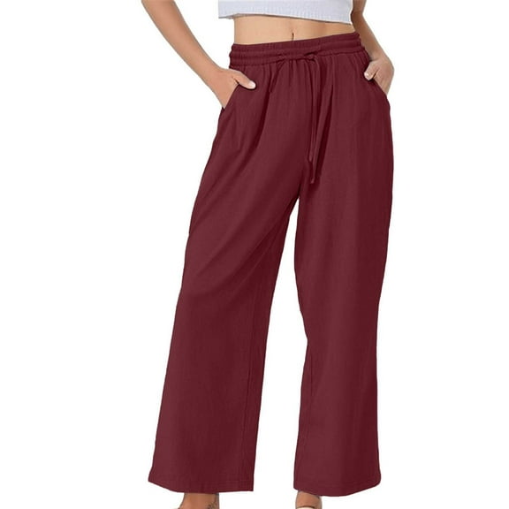 Outfmvch Flowy Pants for Women Palazzo Pants Business Casual Outfits Beach Travel Drawstring Pants Baggy Wide Trousers with Pockets Linen Trousers Beach Pants for Women Red 2 M