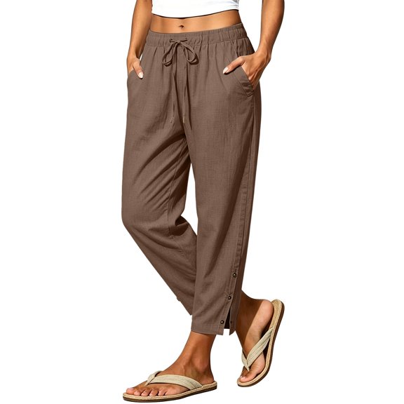 Outfmvch Flowy Pants for Women Vacation Outfits for Women Summer Pants for Women Beach Vacation Outfits for Women Work Pants Women Womens Linen Pants Culottes for Women Brown L