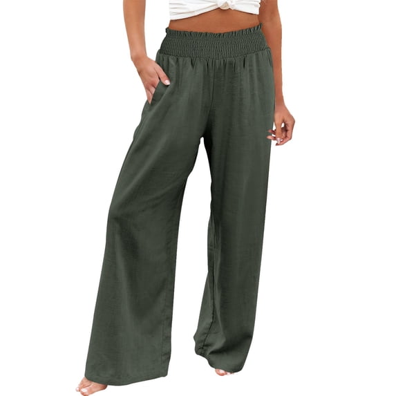 Outfmvch Flowy Pants for Women Wide Leg Linen Pants High Waisted Linen Pants Women Linen Palazzo Pants for Women Baggy Linen Wide Leg Beach Pants Women' S Culottes Flowy Lounge Trousers Green S-3XL
