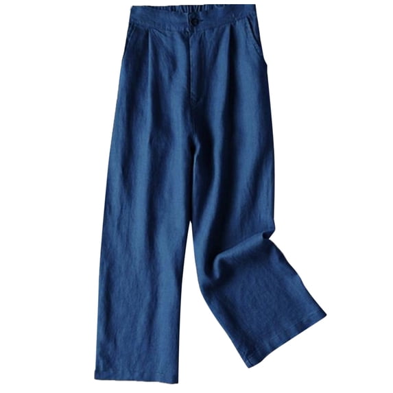 Outfmvch Flowy Pants for Women Wide Leg Linen Pants Linen Palazzo Pants for Women Vacation Beach Trousers High Waisted Linen Pants Women Drawstring Pants Women Trousers with Pockets Navy S-2XL