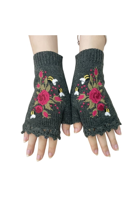 Fuzzy Mittens for Women Women Knitted Gloves, Autumn Winter Warm Gloves, Embroidered Knit Fingerless Stretchy Mitten Warm Gloves Women Dark Gray One Size