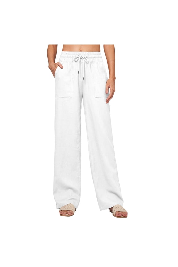 Gauze Pants Beach Pants Linen Palazzo Pants for Women Casual Capri Baggy Wide Leg Beach Pants for Women Flowy Wide Leg Drawstring High Waist Vacation Beach Trousers White S-3XL