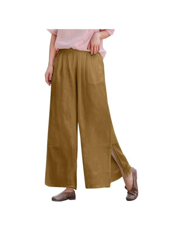 Gauze Pants Culottes for Women Gaucho Pant Flowy Lounge Drawstring Elastic Waist Casual Drawstring Flowy Pants Beach Pants for Women' S Culottes Trousers with Pockets Yellow S-3XL