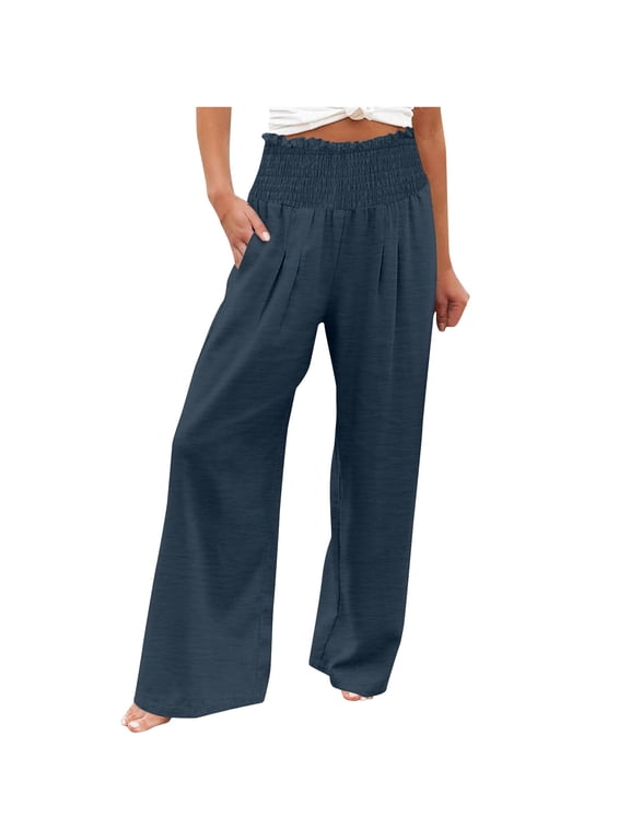 Gauze Pants Summer Beach Pant Women' S Culottes Summer Beach Vacation Clothes Wide Leg Linen Pants Drawstring Elastic Waist Long Lounge Pant High Waisted Linen Pants Women Dark Blue S-2XL
