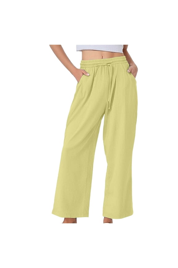 Gauze Pants Wide Leg Linen Pants High Waisted Linen Pants Women Gauchos for Women Long Lounge Pant Long Lounge Travel Pants Casual Capri Baggy Wide Leg Beach Linen Trousers Yellow S-5XL