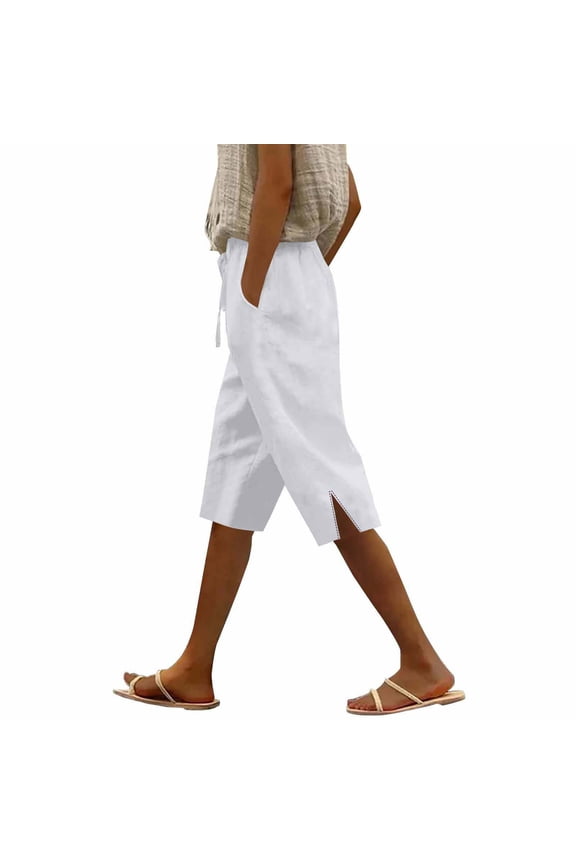 Gauze Pants Women Pedal Pushers for Women Pull On for Women Beach Pants Loose Fit Lightweight Pants with Side Slit Straight Leg Side Slits Beach Stretch Slit Trousers White S-3XL