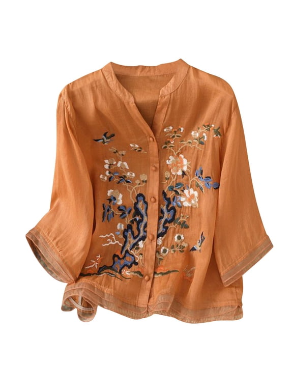 Gauze Shirts for Women Cotton Linen Short Sleeve Spring Cotton Shirts Floral Print Linen Shirts Loose Fit Tunic Short Sleeve Beach Tees Floral Embroidered Boho Tops A1 Orange 3XL