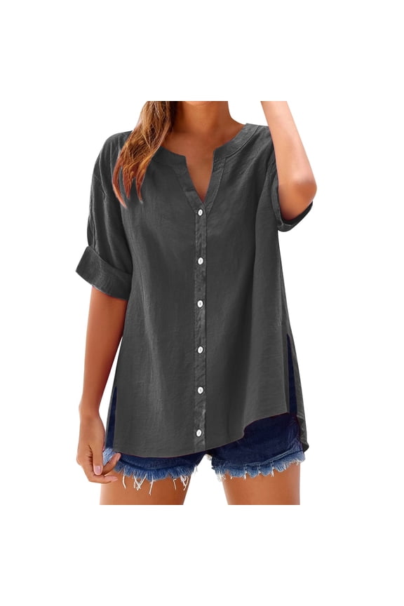 Gauze Shirts for Women Travel Vacation Tops Cotton Linen Roll Up Short Sleeve Tops Retro Flowy Fit and Flare Blouses Peasant Blouses Dark Gray XL