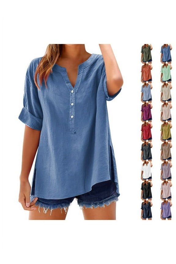 Gauze Tops for Women Casual Summer,Wrap Tops for Women,Cotton Linen Tops for Women,Button Up Shirt Women Short Sleeve,Linen Blouses for Women,Gauze Button Down Shirts for Women Clear L
